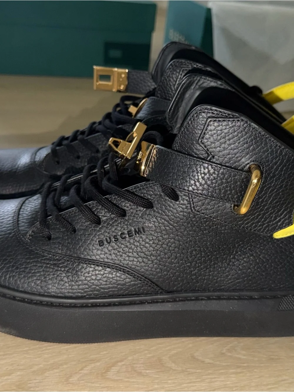 Men’s Buscemi Black Leather High-Top Sneakers with Yellow Heel Accent